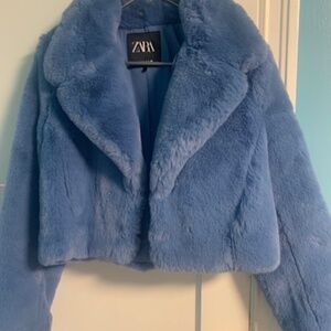 Blue cropped aux fur jacket